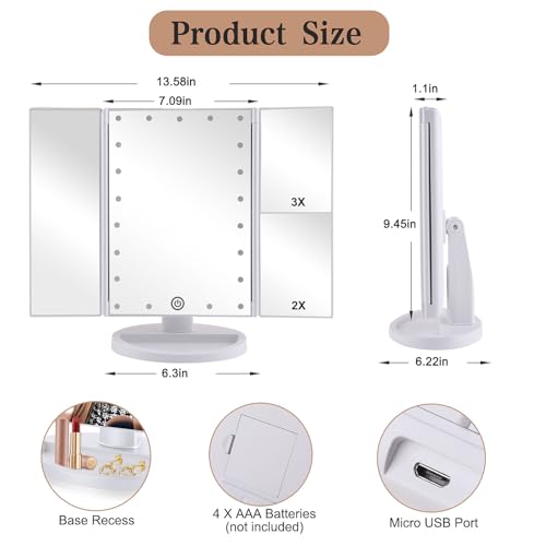 Flymiro Tri-fold Lighted Vanity Makeup Mirror with 3x/2x