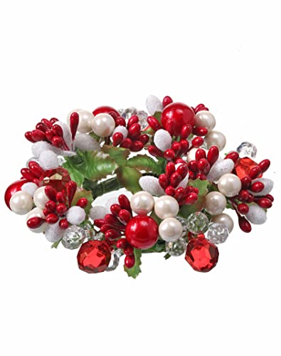 Crystal & Pearl Berry Candle Ring, 4in - Red, Cream & Glass-Coated Berries