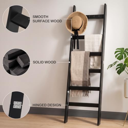 6-Tier Solid Wood Blanket Ladder with Hooks, 5.4ft Farmhouse Quilt Rack