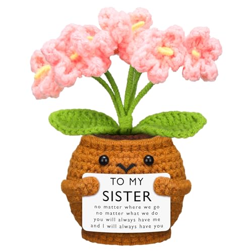 Handmade Crochet Pink Myosotis Flower Doll with Heartfelt Sister Gift Card