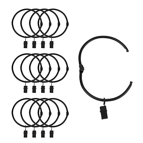 3-Inch Openable Metal Curtain Rings with Clips, 12 Pack, Black