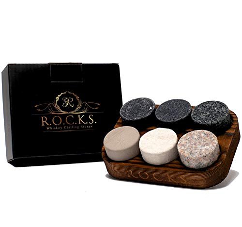 Rocks Whiskey Chilling Stones Set of 6 with Hardwood Storage Tray – Premium Granite Sipping Rocks for Fine Spirits