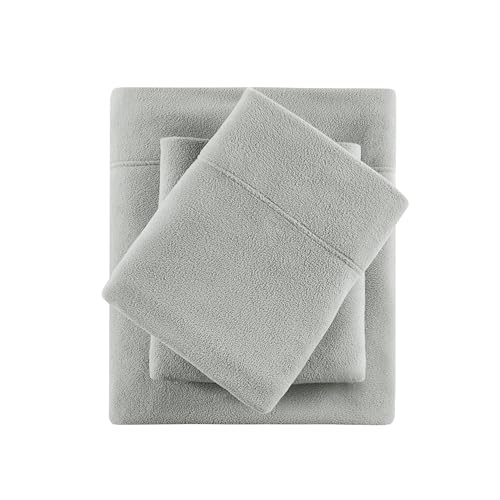 True North by Sleep Philosophy Micro Fleece Bed Sheet Set, Warm, Sheets with 14" Deep Pocket, for Cold Season Cozy Sheet-Set, Matching Pillow Case, King, Grey, 4 Piece