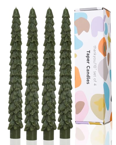 LPUSA Christmas Tree Taper Candles Olive Green 10in, Set of 4 - Unscented, Dripless