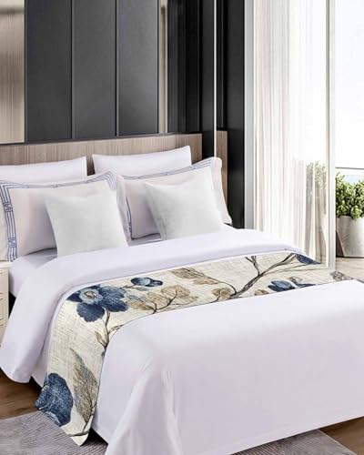 Cal King Bed Runner - Blue Gray Vintage Botanical Floral Satin Bed Scarf