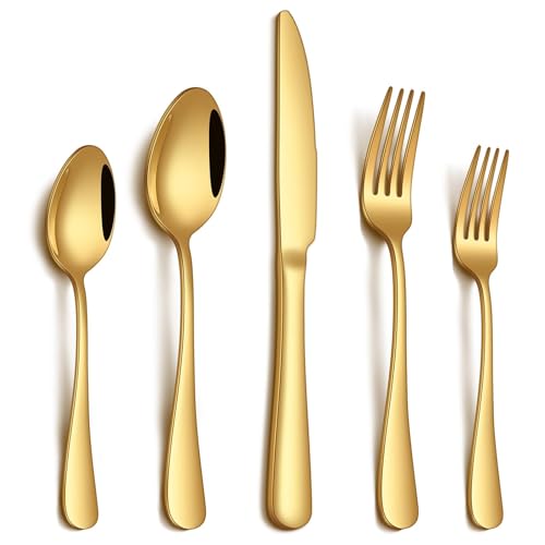 20-Piece Gold Stainless Steel Flatware Set for 4, Mirror Polished Cutlery