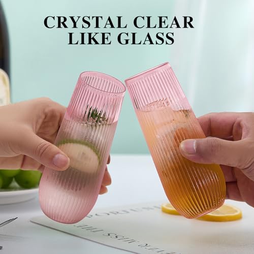48 Pack Pink Ribbed Plastic Champagne Flutes - Stemless Disposable 9 Oz Shatterproof Recyclable BPA-Free for Weddings & Parties
