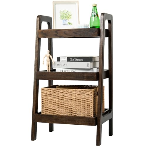 Towood Lifee Walnut 3-Tier Ladder Shelf Solid Oak Wood Storage Bookcase