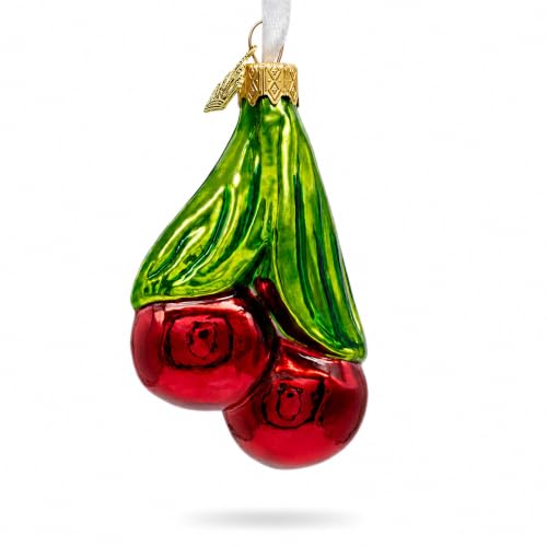 Red Cherries Glass Christmas Ornament with Green Leaves – Hand-Painted German Glass