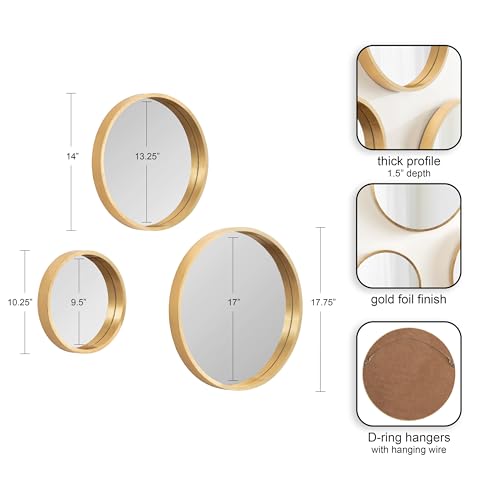 Modern Round Wall Mirror Set - 3-Piece Decorative Gold Circle Mirror Trio