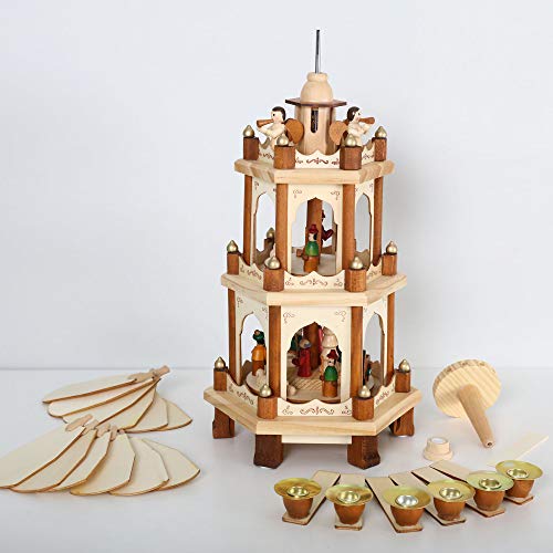17-Inch Wooden Christmas Nativity Pyramid Carousel - 3-Tier Windmill Candle Holder