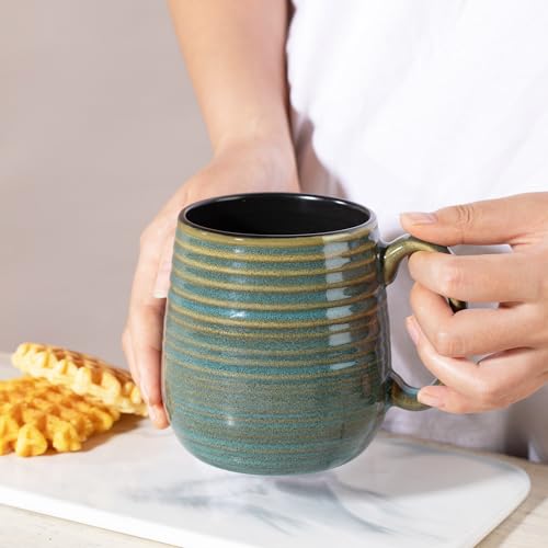 Large 20 oz Ceramic Coffee Mug Set - Green Stripe, Dishwasher Safe