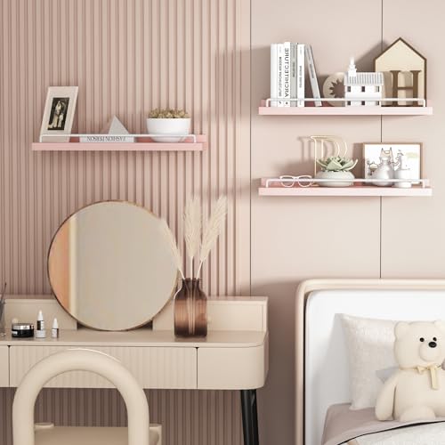Floating Wall Shelves Set of 3, 16-Inch Paulownia Wood Storage Ledges