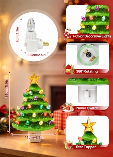 Brightown 2 Pack Christmas Tree Night Light - Vintage Ceramic with Yellow Star, 7W UL Bulb, Swivel Plug