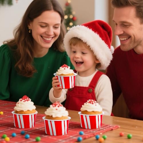 FYSUIMU 60 Pcs Christmas Aluminum Cupcake Liners with Lids 5oz - Red & White