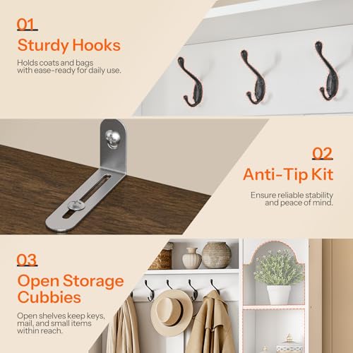 51-Inch Hall Tree with Bench and Shoe Storage, Entryway Coat Rack Organizer
