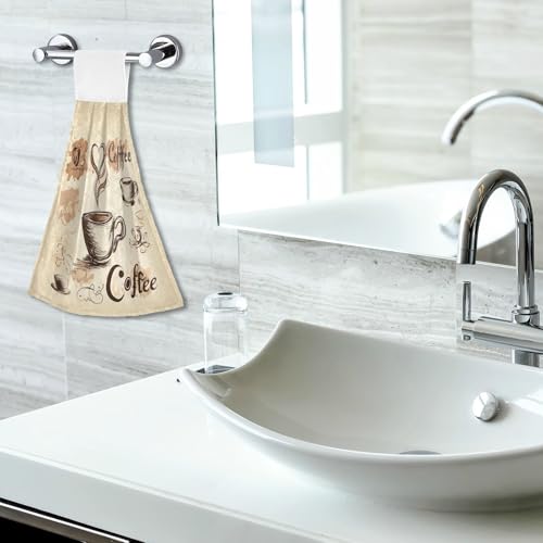 Coffee Theme Hanging Kitchen Towels - Soft Absorbent Coral Fleece Set of 2