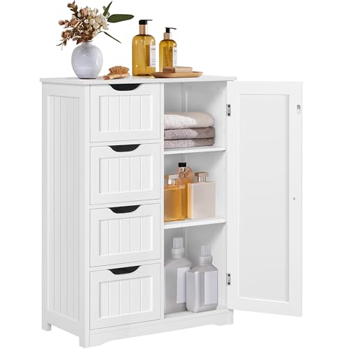 White Bathroom Floor Storage Cabinet with 4 Drawers & Adjustable Shelf