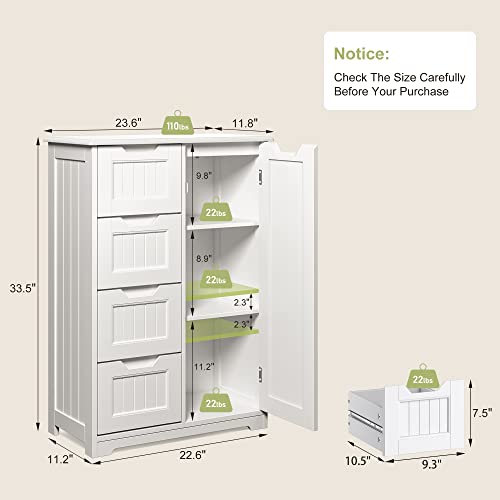 Small Coffee Bar Cabinet with 4 Drawers and Adjustable Shelf, White Sideboard