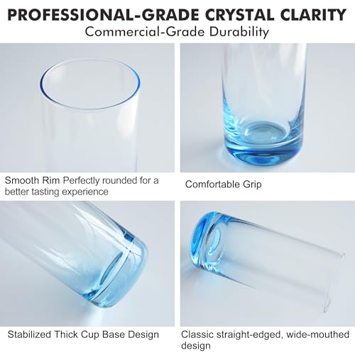 GLAZZVIA Blue Highball Glasses Set of 6 - Lead-Free Crystal Cocktail Drinking Glasses