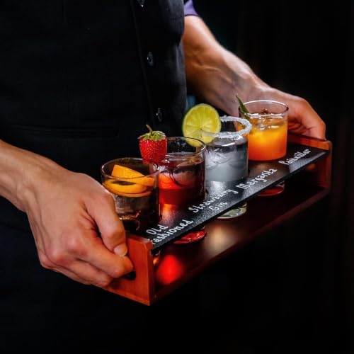 Wooden Flight Tasting Board with 4 Glasses and Chalkboard Labeling