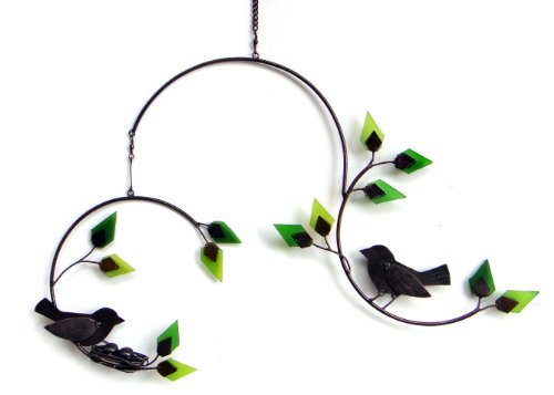 Forest Birds Kinetic Hanging Mobile with Glass Leaves and Metal Art