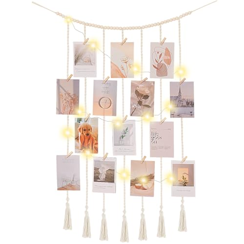 Macrame Hanging Photo Display with Fairy Lights and 30 Clips, Boho Wall Decor