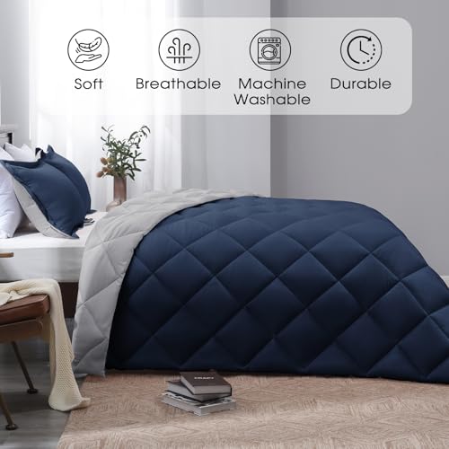 Navy Blue Reversible Queen Comforter Set with Pillow Shams