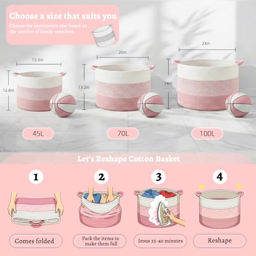 70L Large Cotton Rope Basket - Woven Blanket & Toy Storage Hamper, Pink