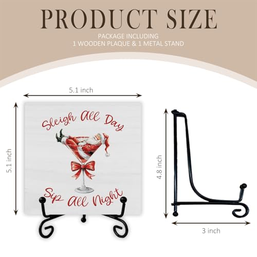 Santa Martini Christmas Wood Desk Sign with Stand - 5x5in, Red Bow, SkipTiger (Variation: Santa Martini)