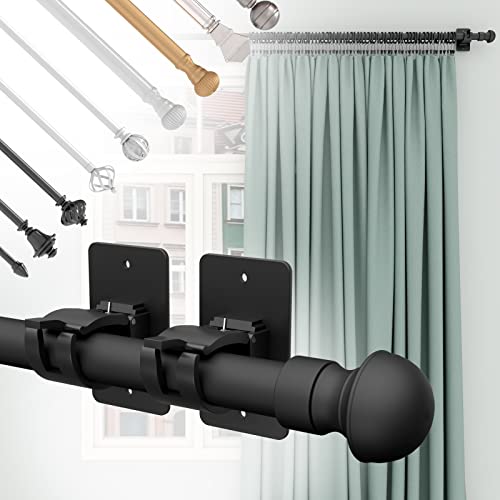 Self-Adhesive Curtain Rod Brackets - No-Drill Wall Holders, 4 Pack (Black)