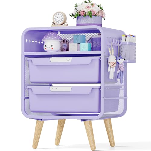 Kids Metal Nightstand with 2 Drawers and Storage Basket - Purple