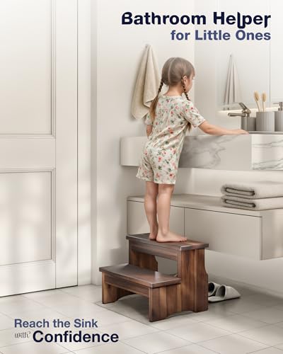 Two-Step Acacia Wood Stool - Heavy Duty Bedside Step Stool, 450 lbs