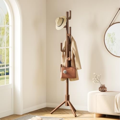 Walnut Yoobure Solid Wood Cactus Coat Rack with 8 Hooks, Adjustable Height Entryway Organizer