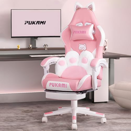 Kawaii Pink Gaming Chair with Cat Ears, Footrest and Lumbar Support