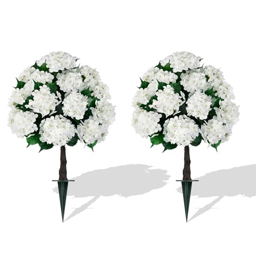 33" Artificial Hydrangea Topiary Ball Trees - 2 Pack UV Resistant Faux Shrubs