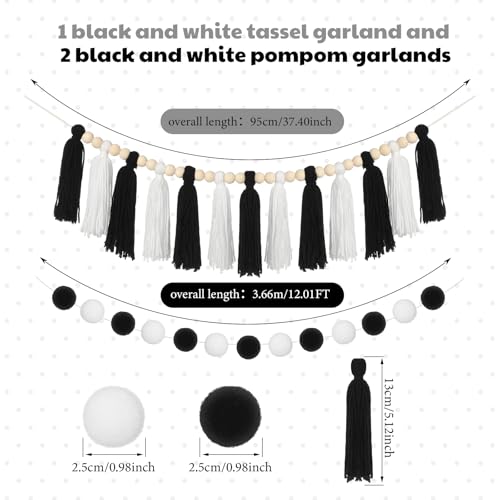 Black and White Tassel and Felt Pom Pom Garland Set for Party Decor