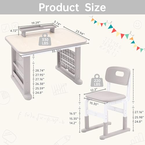 Height Adjustable Kids Study Desk and Chair Set with Storage - Grey