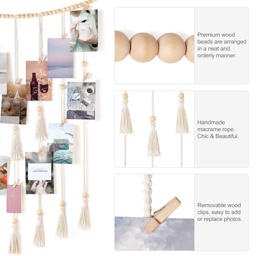 Macrame Hanging Photo Display with LED String Lights and 30 Wood Clips
