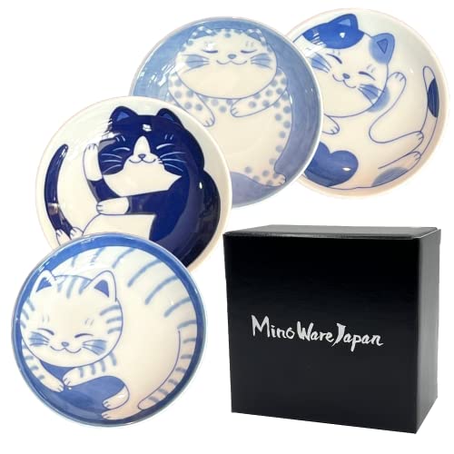 Japanese Ceramic Cat Design Small Plate Set for Soy Sauce & Desserts - Minoyaki, 4 Pcs