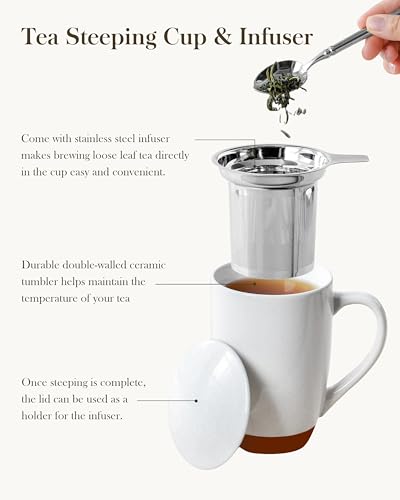 MALACASA Khaki White Ceramic Tea Mug with Infuser & Lid, 18 oz