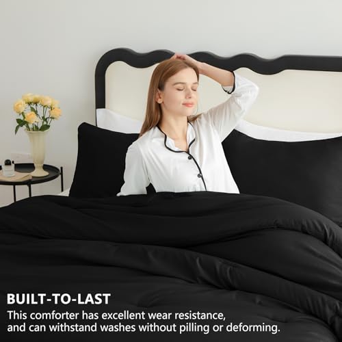 Queen Size Comforter Set - 3-Piece All Season Down Alternative Bedding, Black