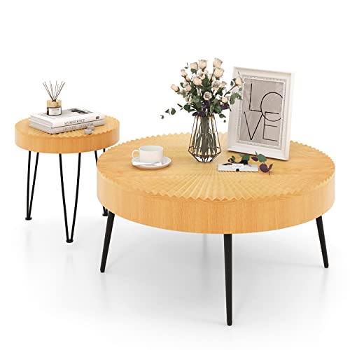 2-Piece Round Nesting Coffee Table Set with Solid Pine Wood Top