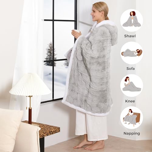 Wearable Heated Blanket Hoodie with Pockets, Faux Fur Electric Throw
