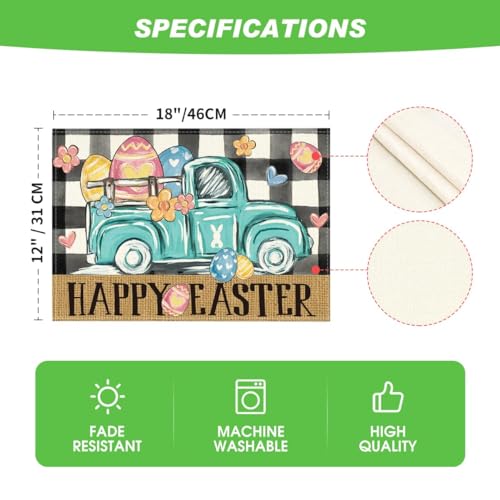 Artoid Mode 12x18 Inch Set of 4 Buffalo Plaid Carrot Egg Truck Easter Placemats, Rectangular Seasonal Table Decor