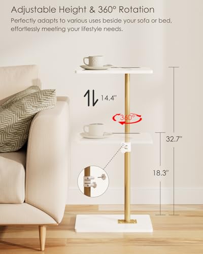 Adjustable C-Shaped Side Table, 360° Swivel Couch Snack Tray, Marble White