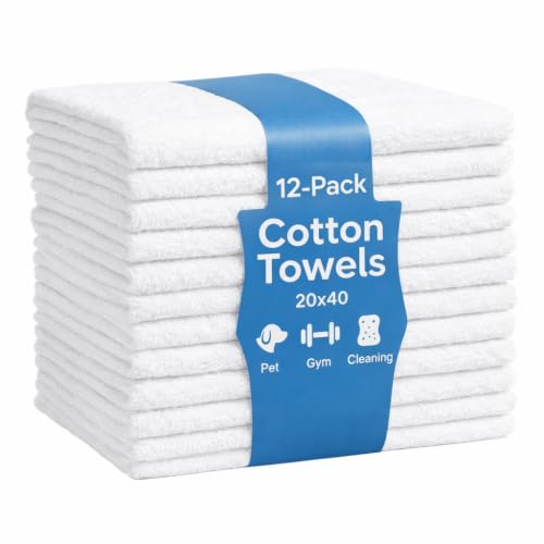 12-Pack White Cotton Bath Towels, 20x40 Lightweight Quick-Dry Utility Towels