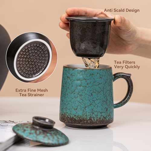 Blue-Green 15oz Ceramic Tea Mug with Infuser & Lid - Kiln-Transformed Unique Design
