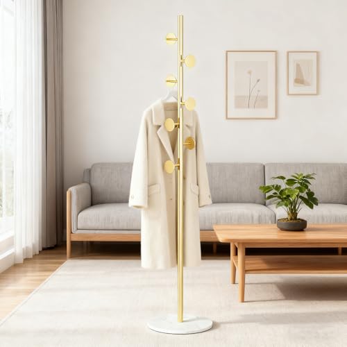 Freestanding Gold Coat Rack with Marble Base & 7 Hooks - 67 Inch