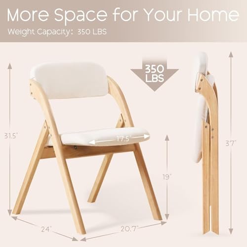Set of 4 Wooden Folding Dining Chairs with Padded Linen Cushions, Beige